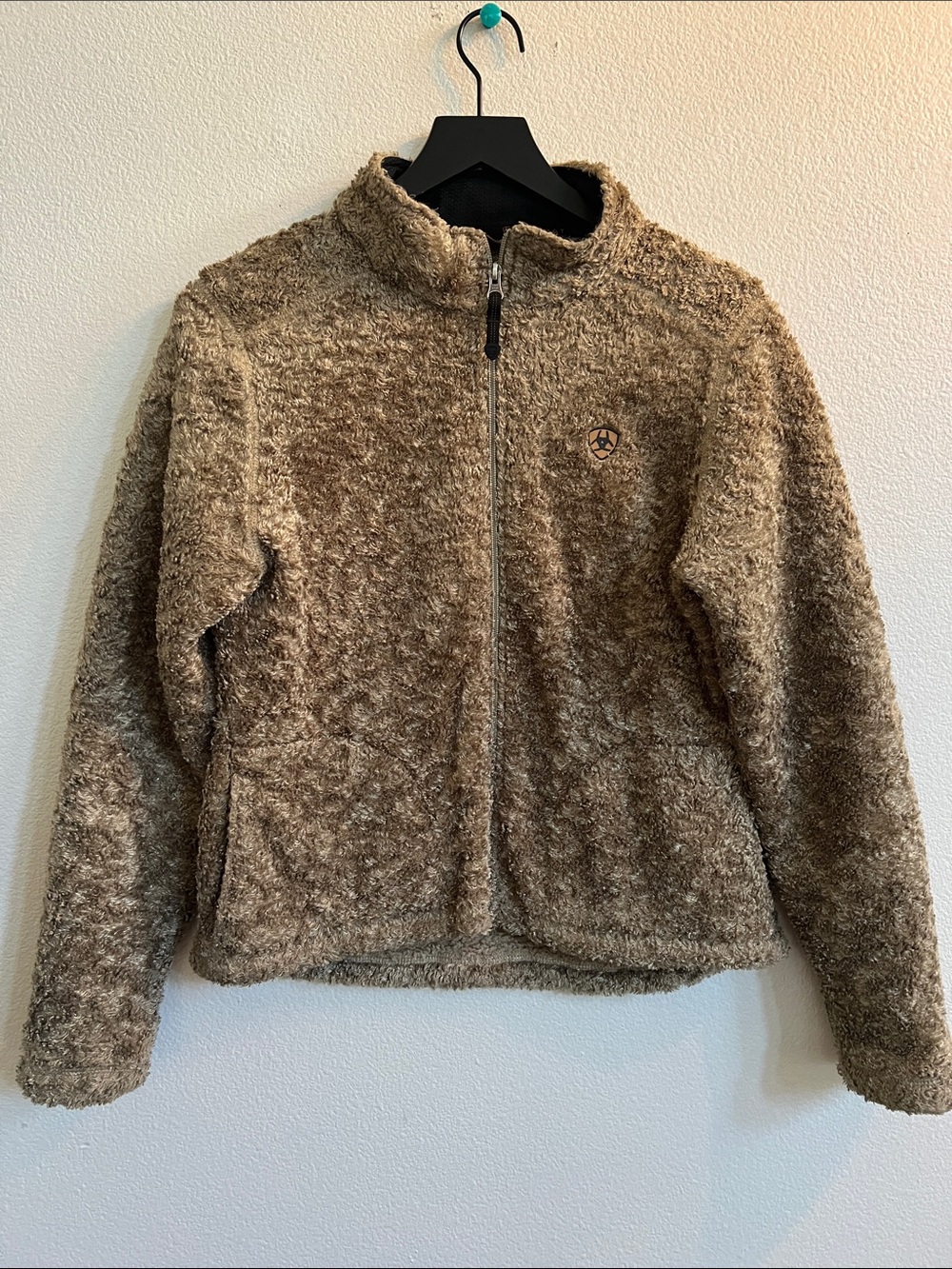 ARIAT Full Zip Front-Pockets Faux Sherpa Teddy Jacket Taupe Brown Women's L